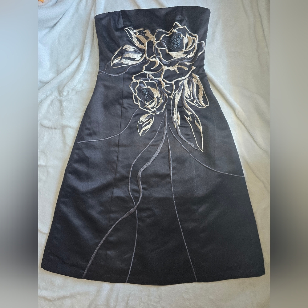 White House Black Market Strapless Black Dress with Gold Floral Design
